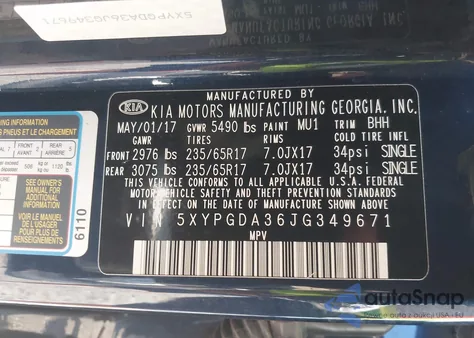 2018 Kia Sorento 2.4L Lx из США, поврежденный, VIN 5XYPGDA36JG349671